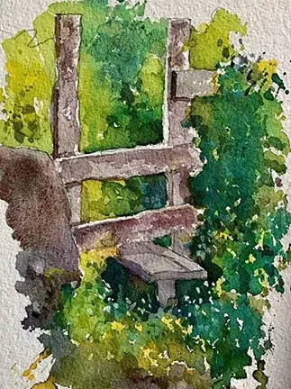 Barry Herniman watercolour painting of wooden stile and green hedges