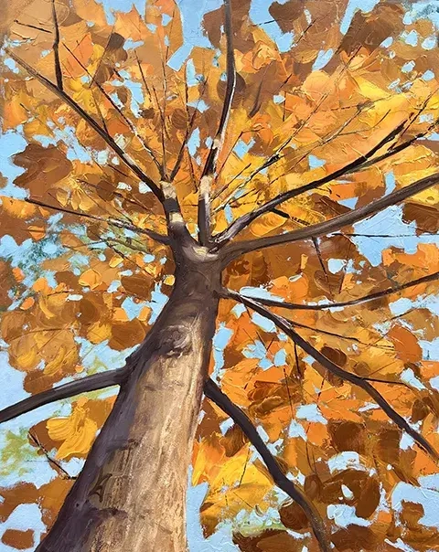 painting of autumn tree with orange leaves viewed from below