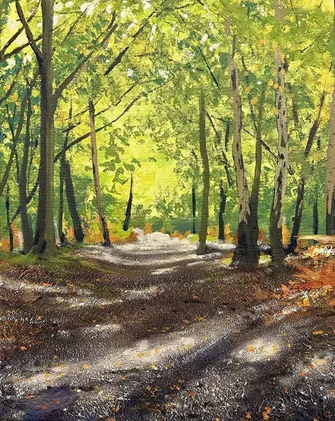 painting of a path through green trees in late summer with dappled sunlight