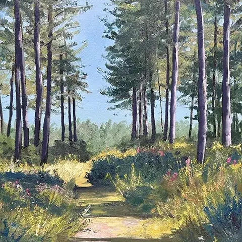 painting of a path through trees in summer with wildflowers