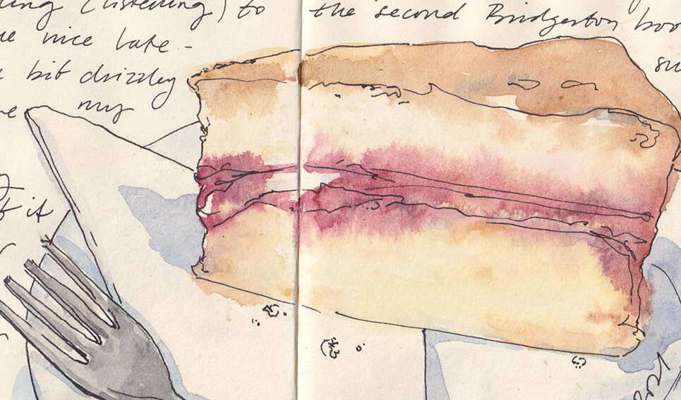 emma leyfield watercolour sketch of slice of cake and fork