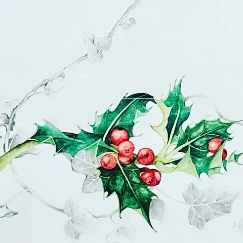 watercolour painting of holly with berries and ivy in progress