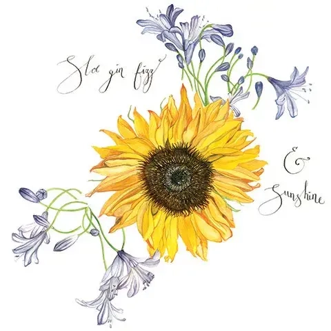 karen green botanical painting of sunflower and purple flowers with words sloe gin fizz and sunshine
