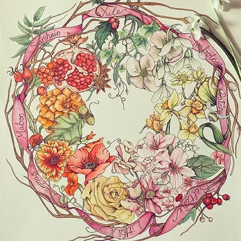 watercolour painting of floral wreath with eight wiccan sabbats throughout the year