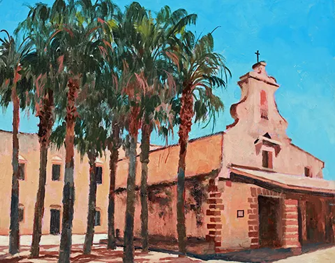 oil painting of small spanish church with lots of palm trees