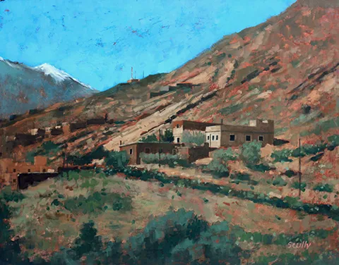 oil painting of spanish landscape hills, mountains and earthy coloured buildings