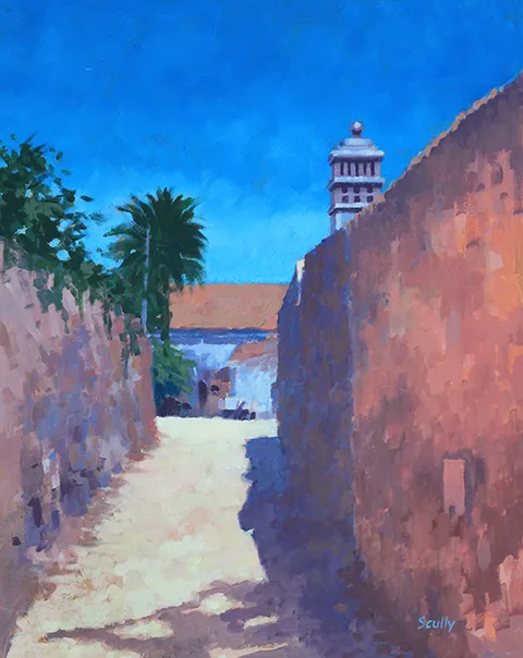 oil painting of spanish scene with earthy wall, buildings and trees