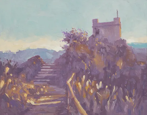 oil painting of steps to a fort in dusky light