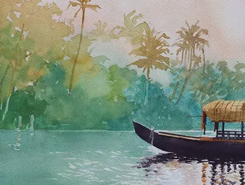 kevin scully watercolour painting of kerala boat on river