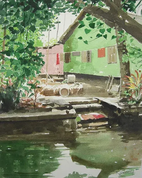 kevin scully watercolour painting of kerala house by water