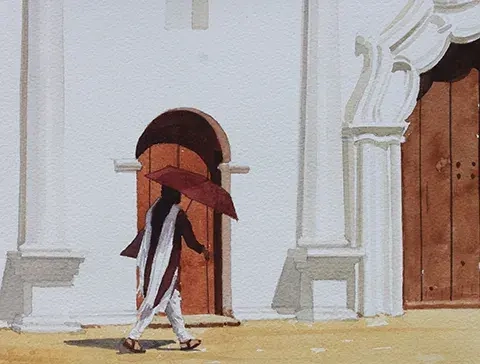 kevin scully watercolour painting of person walking with umbrella past white building in kerala