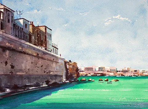 watercolour painting of tuscany coastal town