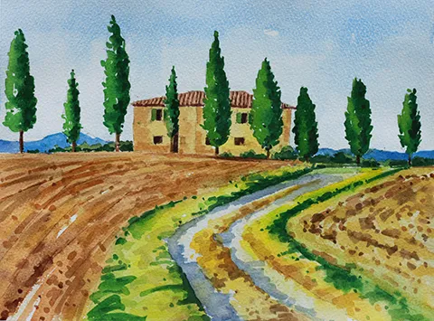 watercolour painting of tuscany house, ploughed fields, and cypress trees