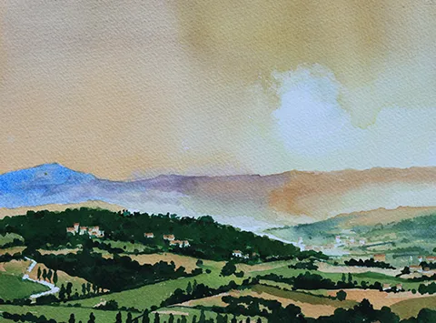 watercolour painting of tuscany landscape view of fields, mountains, and clouds