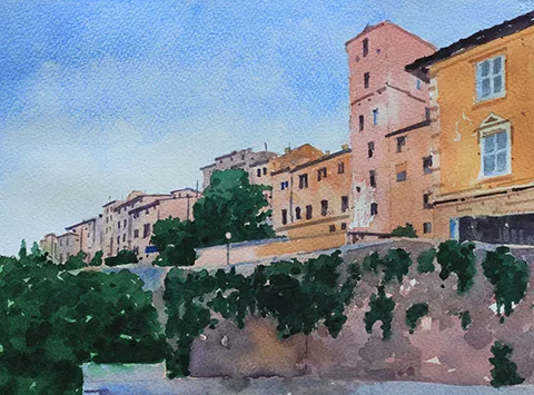 watercolour painting of tuscany town houses, wall, and shrubs