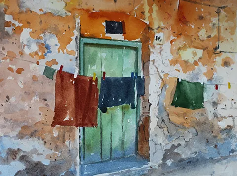 watercolour painting of tuscany house door with washing line