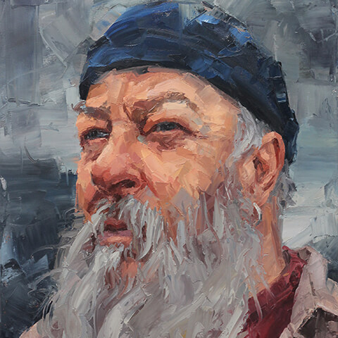mark fennell portrait painting of man with grey beard and blue beanie hat