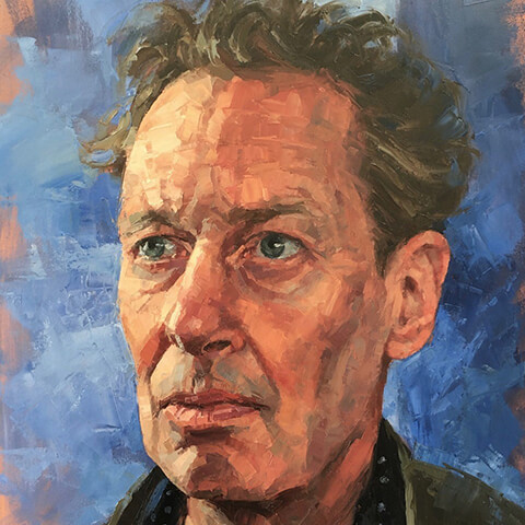 mark fennell portrait painting of middle aged man with brown hair and blue background workshop