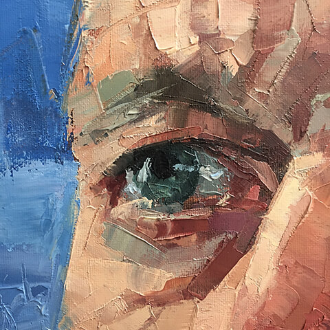 close up of oil painting of a blue eye