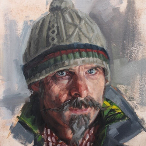 mark fennell portrait painting of man with weathered look, grey bobble hat, grey moustache and goatie