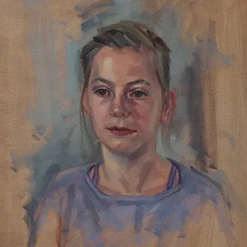 mark fennell portrait painting of teenage blonde girl with blue top