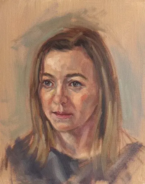 mark fennell portrait painting of woman with shoulder length blonde hair looking concerned