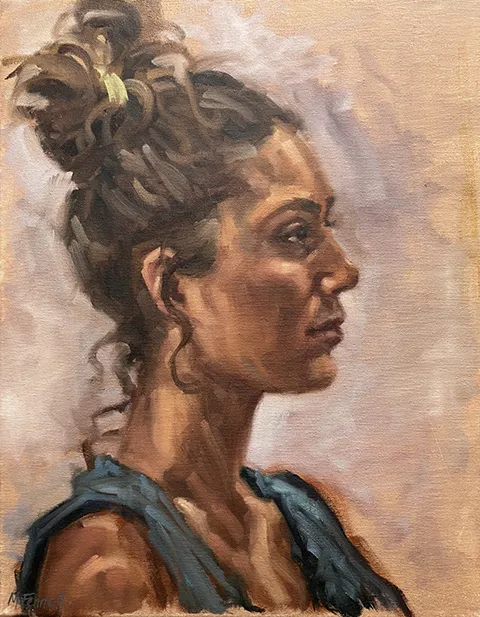 mark fennell portrait painting of side-profile of woman with brown wavy hair in top bun