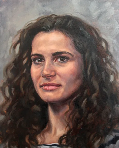 mark fennell portrait painting of woman with brown curly hair and dark eyes