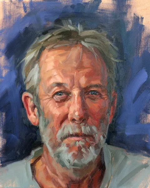 mark fennell portrait painting of grey haired man with blue eyes and stubble