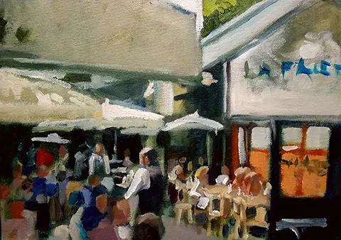 Max Hale Acrylic Workshop - painting of busy al fresco restaurant with white umbrellas