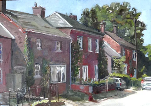 Max Hale Acrylic Workshop - painting of red brick houses on street