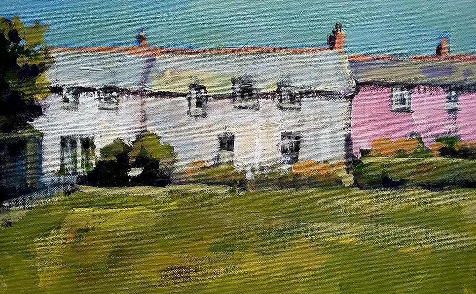 Max Hale Acrylic Workshop - painting of white and pink houses in front of a green