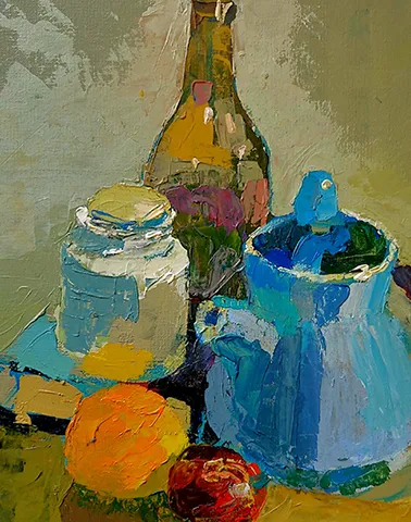 Max Hale Acrylic Workshop - still life of blue teapot, jar, glass bottle, and fruit