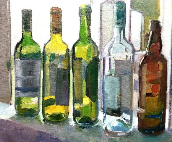 Max Hale Acrylic Workshop - still life of a row of glass wine and beer bottles