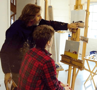 max hale artist - painter - tutor personal tuition with student in front of easel