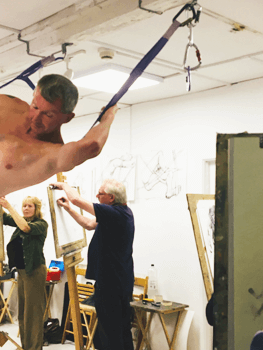 Paul Fowler Life Drawing man hanging from ceiling ribbons