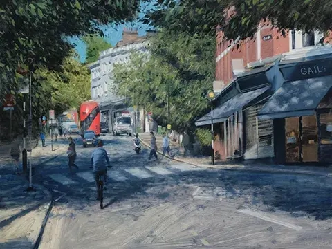 tom hughes oil painting of hampstead street with bus, bike, and zebra crossing