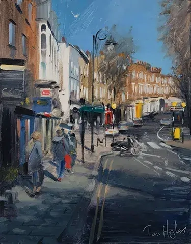 tom hughes oil painting of hampstead street withs hops and zebra crossing