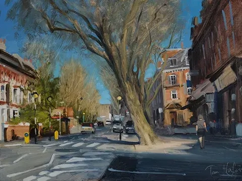 tom hughes oil painting of hampstead street with large tree, lady walking, and zebra crossing