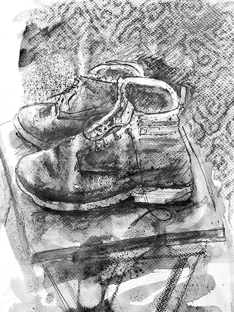 drawing of pair of walking boots with textured background
