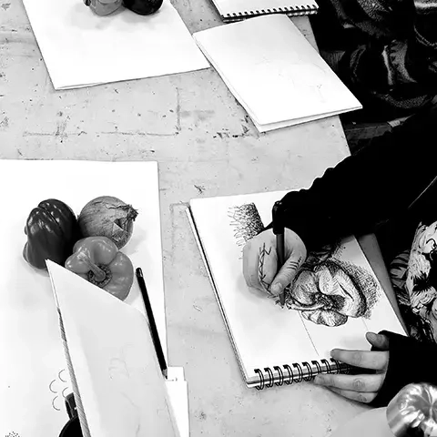 wendy rhodes drawing class student hands sketching bell pepper
