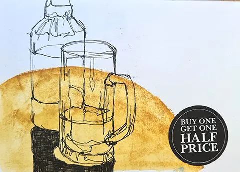 collage sketch of beer bottle and glass and buy one get one free sticker