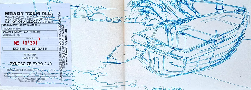 Greek passenger ticket stuck into sketchbook and blue pen drawing of wooden boat
