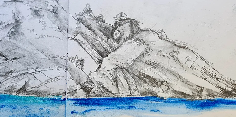 sketch of cliffs and blue sea