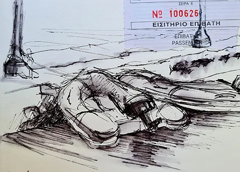 pen drawing of inflatable boats tied up to lamppost and ticket stuck on