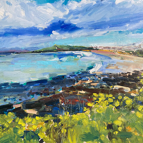 andrew field landscape oil painting of a beach at low tide - st ives portmeor
