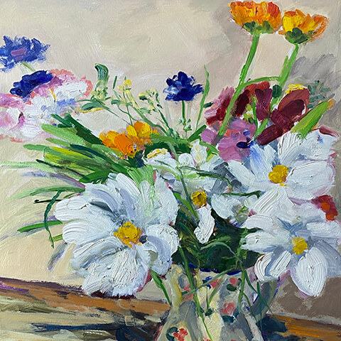 andrew field still life oil painting of a wild daisies in a vase with rose pattern