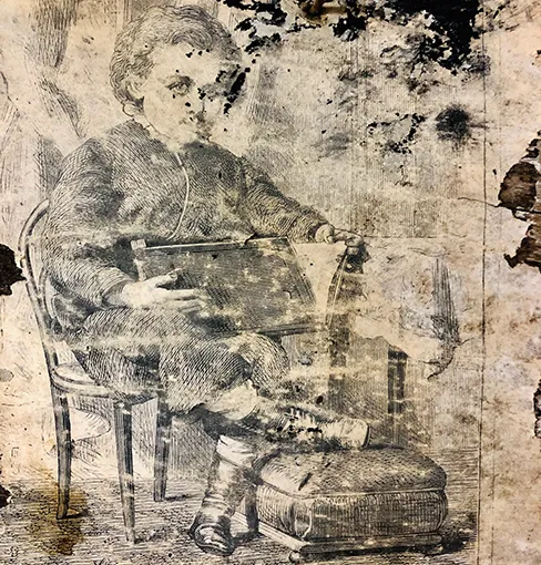 old illustration of child sitting on chair