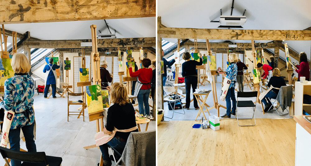 Pegasus Art Attic Studio for hire - artists painting on easels in large studio space
