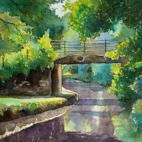barry herniman canal watercolour painting in green with bridge